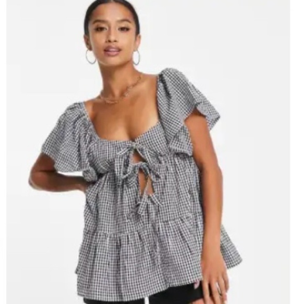 ASOS Petite Black and White Checkered Blouse